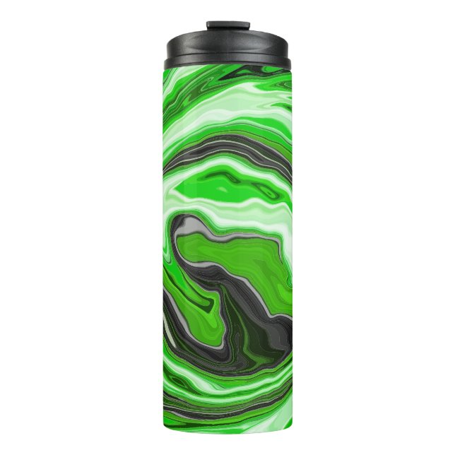 Lime Green and Black Marble Swirls Fluid Art Thermal Tumbler (Front)