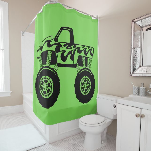 Lime Green and Black Monster Truck Shower Curtain (In Situ)