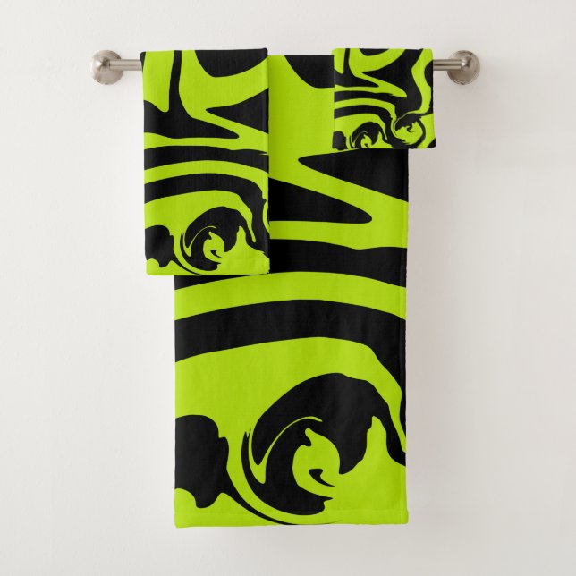 Lime Green and Black retro marble swirl Bath Towel Set (Insitu)