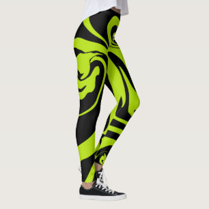 Lime Green and Black retro marble swirl Leggings
