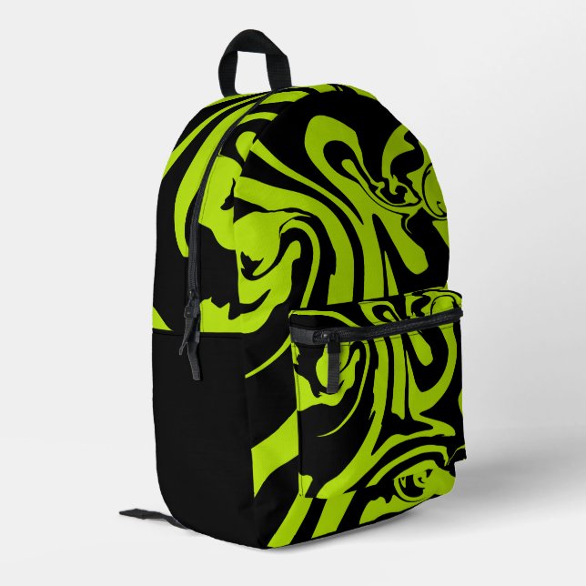 Lime Green and Black retro marble swirl Printed Backpack (Back Corner Left)