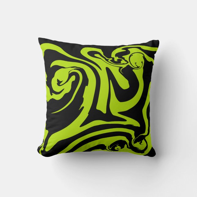 Lime Green and Black retro marble swirl Throw Pillow (Front)
