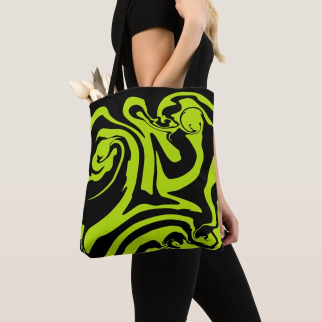 Lime Green and Black retro marble swirl Tote Bag (Close Up)