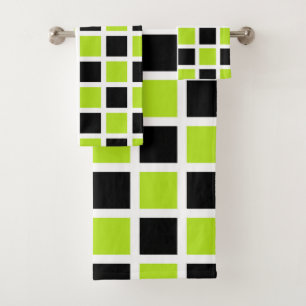 Lime Green and Black Squares White Bath Towel Set