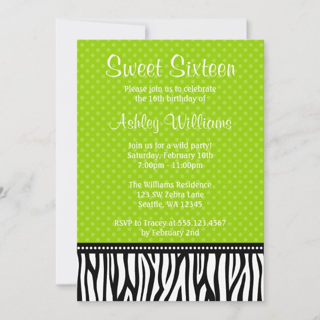 Lime Green and Black Zebra Polka Dot Sweet 16 Invitation (Front)