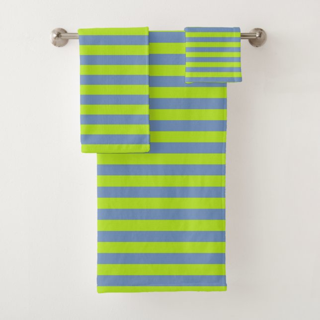 Lime Green and Blue/Grey Stripes Bath Towel Set (Insitu)