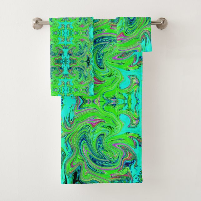 Lime Green and Blue Groovy Abstract Retro Art Bath Towel Set (Insitu)