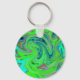 Lime Green and Blue Groovy Abstract Retro Art Keychain