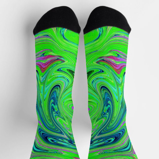 Lime Green and Blue Groovy Abstract Retro Art Socks (Top)
