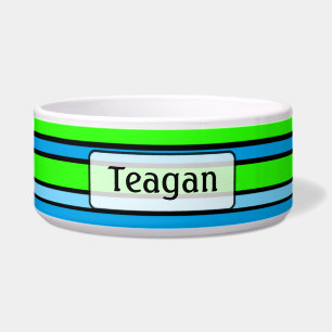 Lime Green and Blue Striped Personalized Dog Bowl