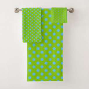 Lime Green and Bright Blue Polka Dot Bath Towel Set