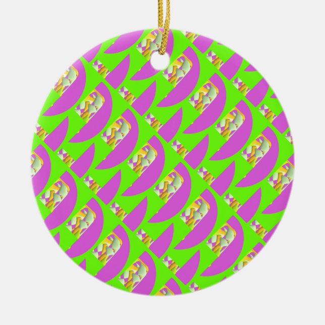 Lime Green and bright purple patterns    Card Ceramic Ornament (Front)