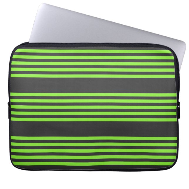 Lime green and charcoal five stripes pattern laptop sleeve (Front)