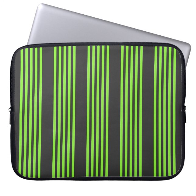 Lime green and charcoal five stripes pattern laptop sleeve (Front)
