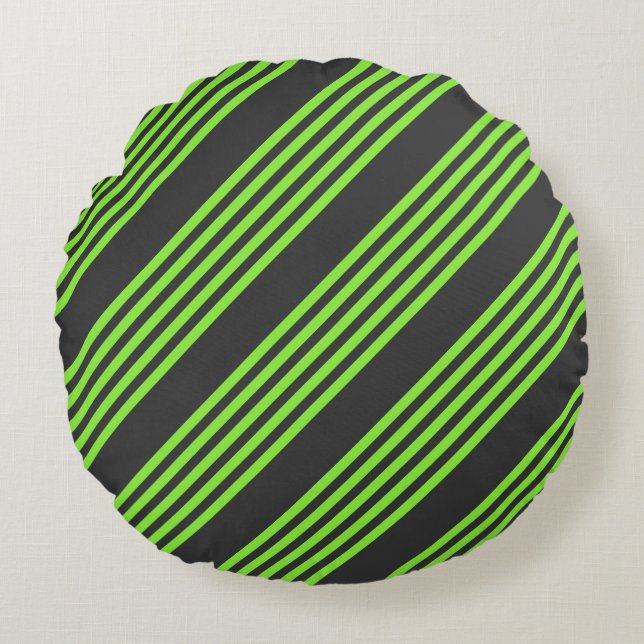 Lime green and charcoal five stripes pattern round pillow (Front)