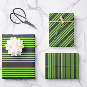Lime green and charcoal five stripes pattern wrapping paper sheet