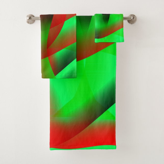 Lime green and clear red ripples, with shadow? bath towel set (Insitu)