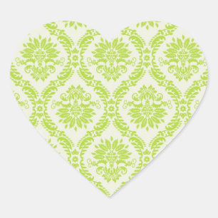 lime green and cream elegant damask pattern heart sticker