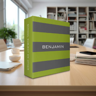Lime Green and Grey Rugby Stripes with Custom Name Binder