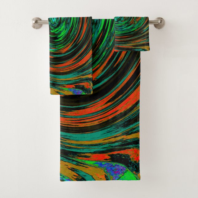 Lime Green and Orange Abstract Retro Twirl Bath Towel Set (Insitu)
