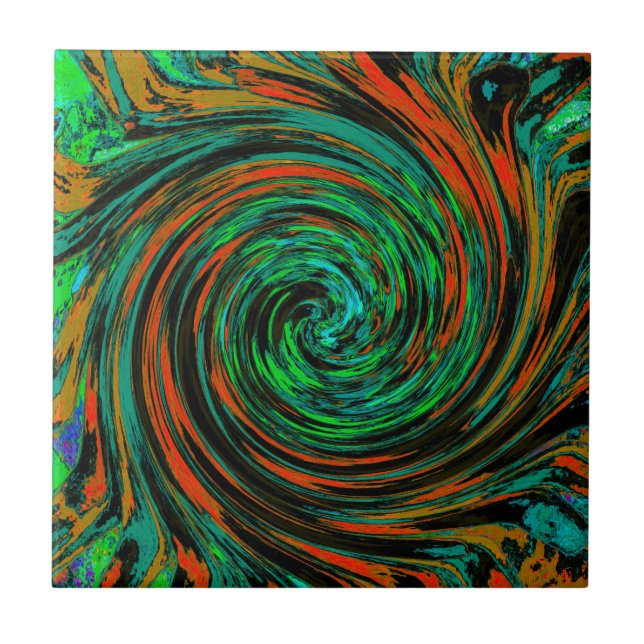 Lime Green and Orange Abstract Retro Twirl Tile (Front)