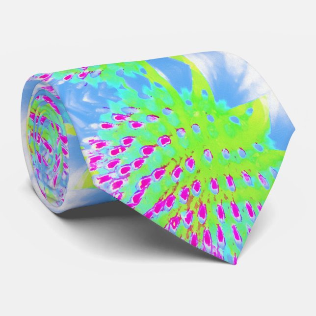 Lime Green and Purple Abstract Cone Flower Tie (Rolled)