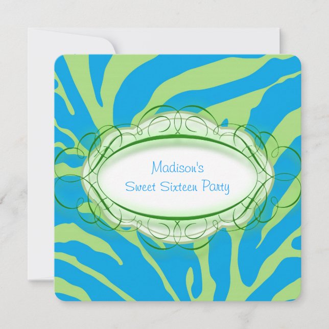 Lime Green and Teal Blue Zebra Birthday Party Invitation (Front)
