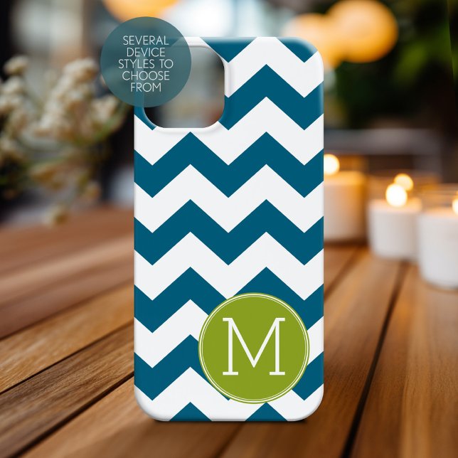 Lime Green and Teal Chevron Pattern Monogram Case-Mate iPhone Case (Personalized Phone Case with Monogram)
