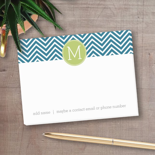 Lime Green and Teal Chevron Pattern Monogram Post-it Notes (Personalized post-it notes - add your name and other text)