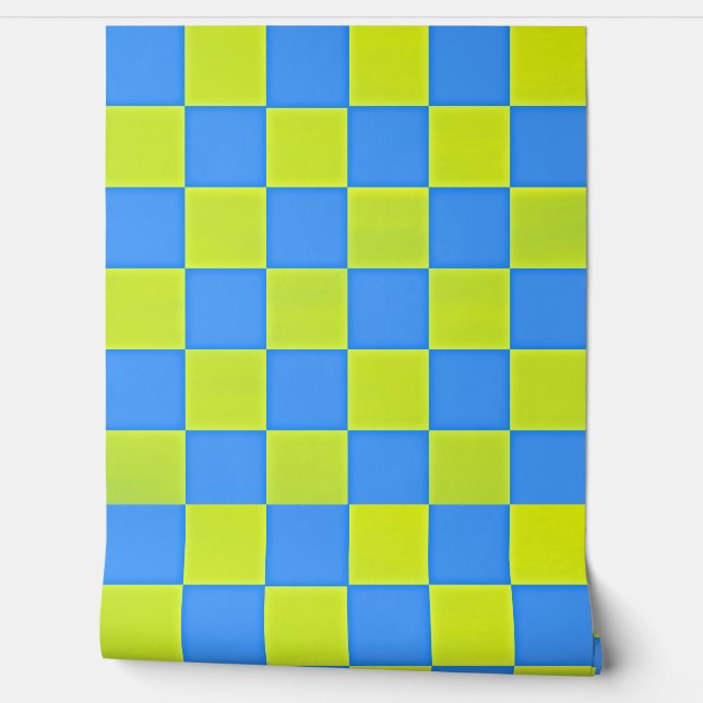 Lime Green and Turquoise Square Checks Retro Wallpaper (Unrolling)