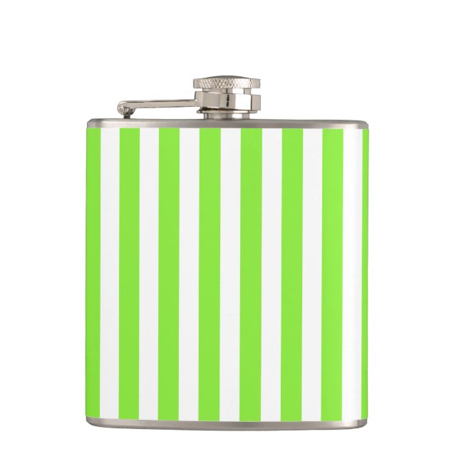Lime green and white candy stripes hip flask (Front)
