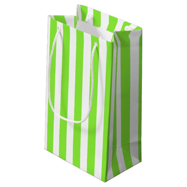 Lime green and white candy stripes small gift bag (Back Angled)