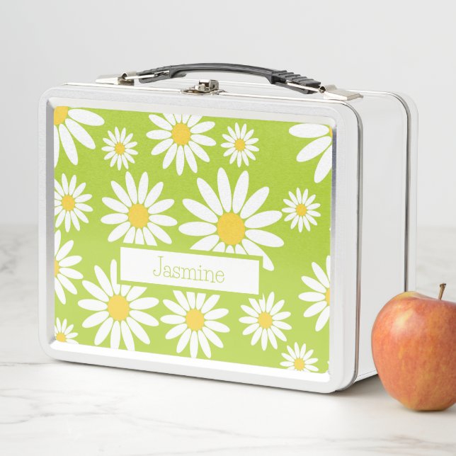 Lime Green and White Daisy with name Metal Lunch Box (In Situ)