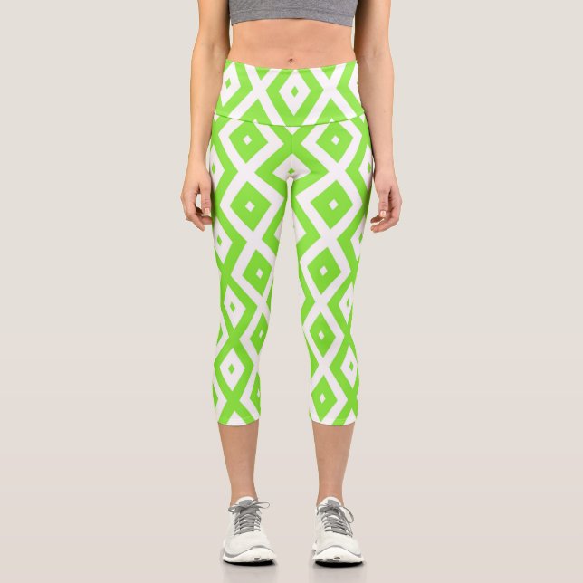 Lime green and white diamond pattern capri leggings (Front)