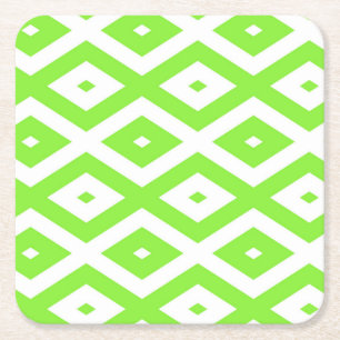 Lime green and white diamond pattern square paper coaster