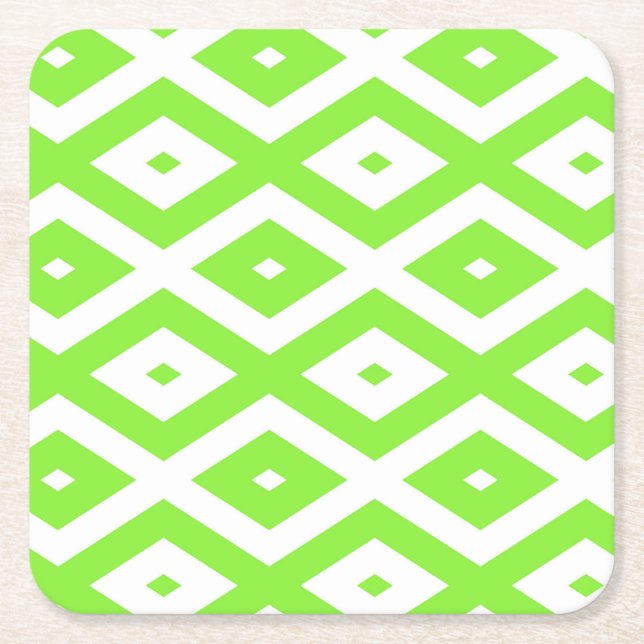 Lime green and white diamond pattern square paper coaster (Front)