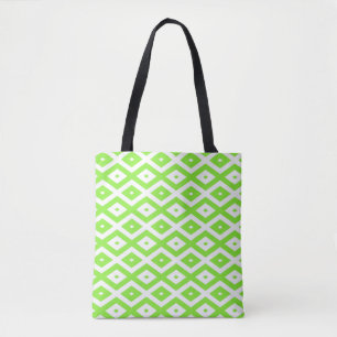 Lime green and white diamond pattern tote bag