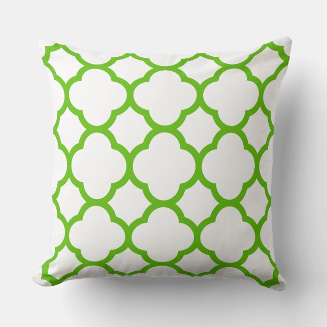 Lime Green and White Reversed Quatrefoil Pattern Throw Pillow (Front)