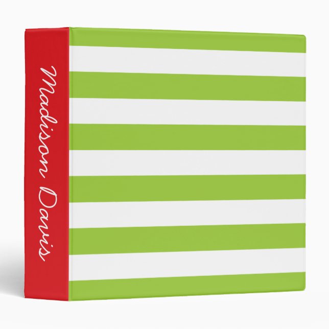 Lime Green and White Stripe Red Personalized Binder (Front/Spine)