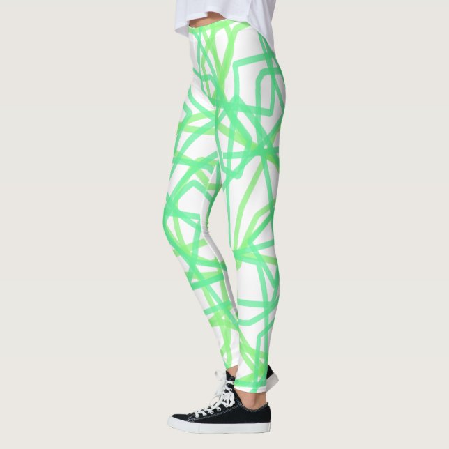 Lime Green and White Striped Scribble Abstract Leggings (Left)