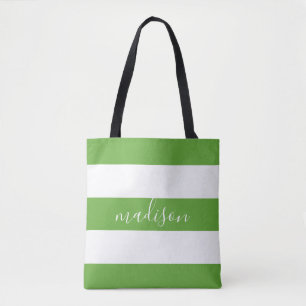 Lime Green and White Stripes with Name Typography Tote Bag