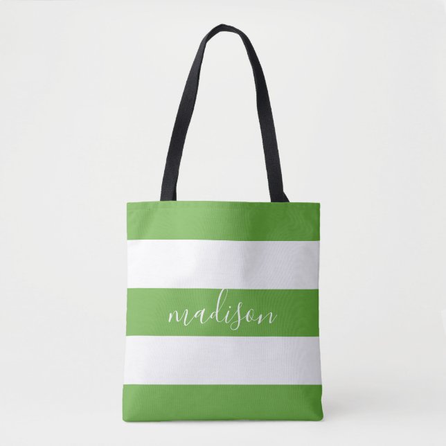 Lime Green and White Stripes with Name Typography Tote Bag (Front)