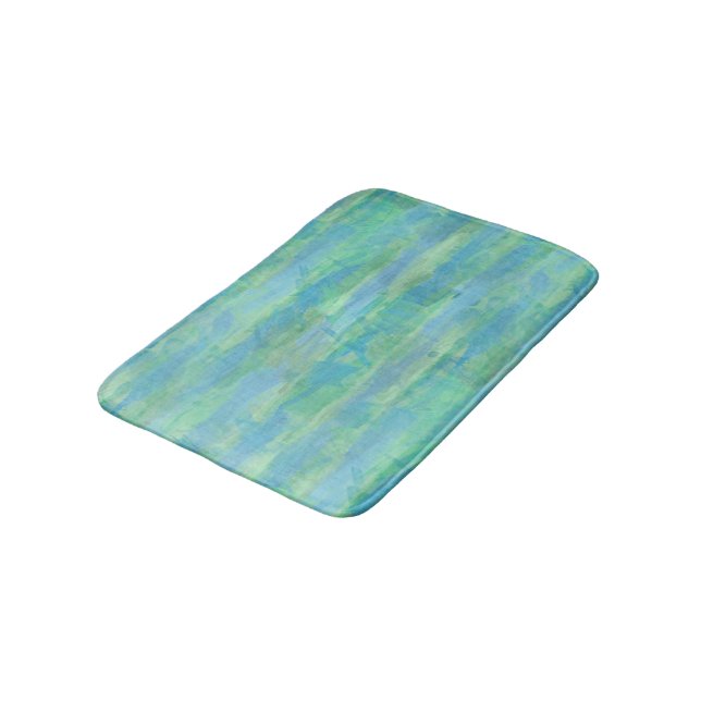 Lime Green Aqua Turquoise Blue Watercolor Stripes Bath Mat (Angled)