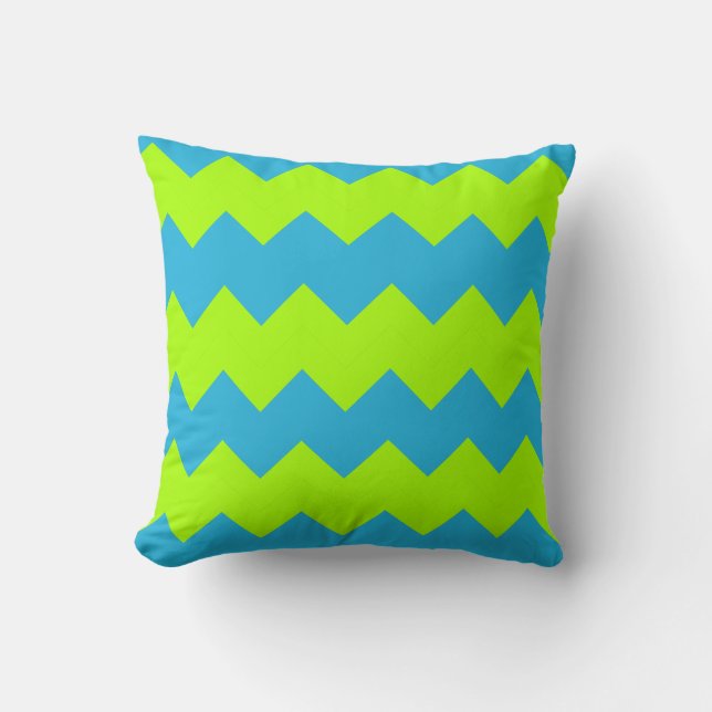 Lime Green, Aqua Zig Zag Throw Pillow (Front)