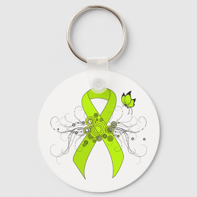 Lime Green Awareness Ribbon with Butterfly Keychain (Front)