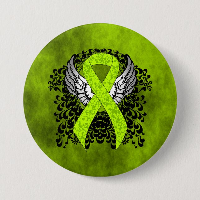 Lime Green Awareness Ribbon with Wings 3 Inch Round Button (Front)