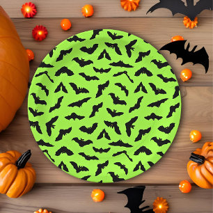 Lime Green Bat Pattern Halloween Paper Plate