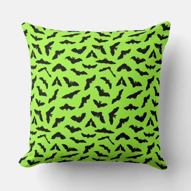 Lime Green Bat Pattern Halloween Throw Pillow (Front)