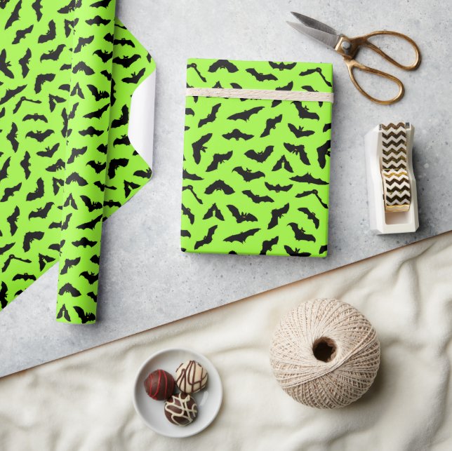 Lime Green Bat Pattern Halloween Wrapping Paper (Crafts)