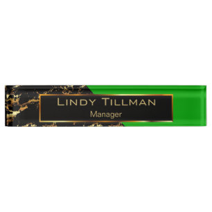 Lime Green, Black and Gold Marble Nameplate